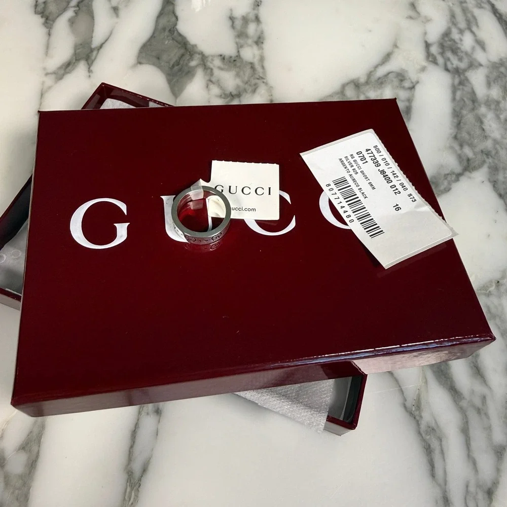 Gucci Ghost Ring Sterling Silver 6mm GG Skull Graffiti Band 477339 Size 16 IT